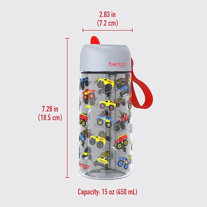 Bentgo Kids Water Bottle - Leak-Proof, Durable Tritan™, BPA-Free 15 oz. Cup for Kids/Toddlers Ages 3+ - Flip-Up Straw & Dishwasher Safe for School, Sports, Daycare & Camp (Trucks)