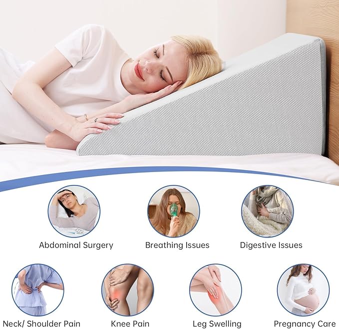 QUINEEHOM Wedge Pillow for Sleeping, 12 Inch Triangle Bed Wedge for Adults, Memory Foam Wedge with Washable Cover, Hypoallergenic 30 Degree Pillow Wedge for Acid Reflux, Knee, Snoring, Light Grey