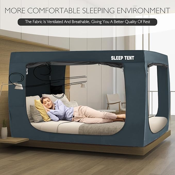 BORNA Bed Tent Twin Bed Canopy for Indoor Portable Light Reducing Sleeping Canopy for Kids and Adult,Bunk Blackout Tents Breathable Privacy Space Tent Mosquito Netting for Bed(Navy Blue)