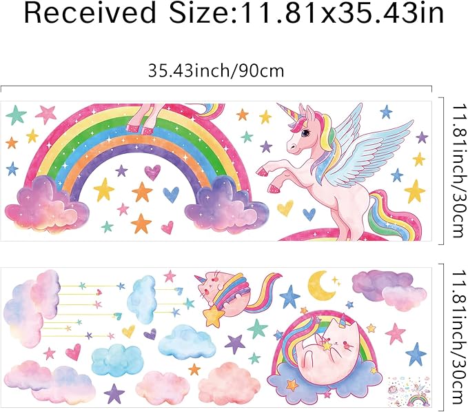 MORCART Rainbow Wall Decal Unicorn Wall Stickers Moon Cat Hearts Clouds Watercolor Stars Removable Vinyl Decals for Nursery Kids Girls Bedroom Birthday Party Wall Decor