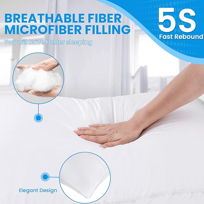 Bed pillows for sleeping, Down alternative pillows, White,Microfiber filled,Queen pillows set of 2,20x30 Inches,Super soft,Hotel collection,Queen size pillow for back,stomach or side sleepers