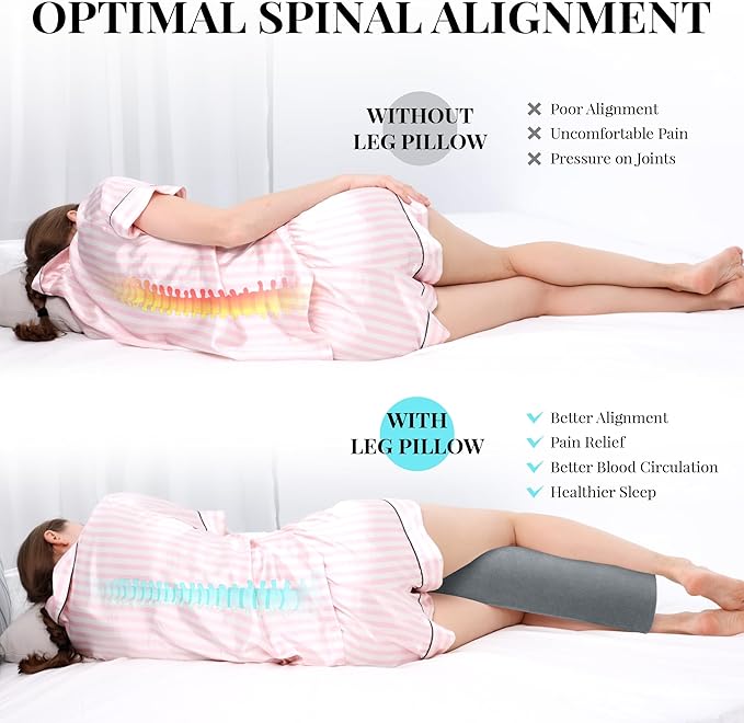 Large Knee Pillow for Side Sleepers Memory Foam Leg Pillows for Sleeping Yoga Bed Half Moon Bolster Pillow for Neck Pain Relief with 2 Pillowcases 23.6"x8.7"x5"(Grey+Green, Extended Size)