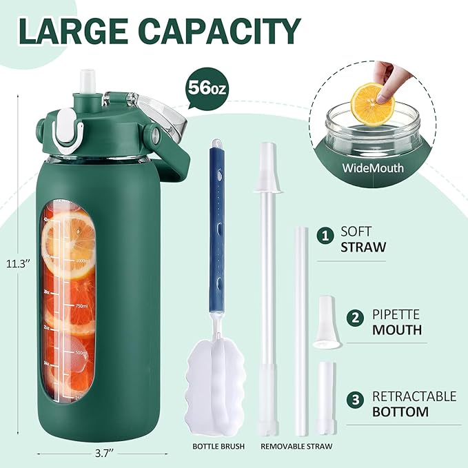 kytffu 56oz Glass Water Bottles with Straw, Motivational Glass Bottle with Silicone Sleeve and Time Marker, Leakproof Large Glass Water Jug for Gym Home Office,Ink green