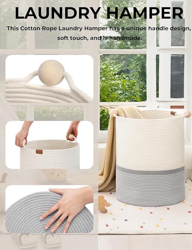 StorageWorks 72L Cotton Rope Laundry Basket with Wooden Beads Handles, Woven Basket for Storage, Dirty Clothes, Kids Toys, Towels, White & Grey