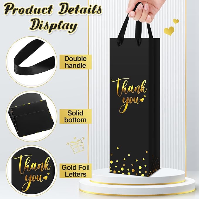 Ctosree 30 Pcs Wine Gift Bag for Wine Bottle Wedding Wine Thank You Gift Bag with Metallic Gold Foil Print Kraft Wine Paper Favor Bag with Attractive Rope Handle for Graduation Bottle(Black)