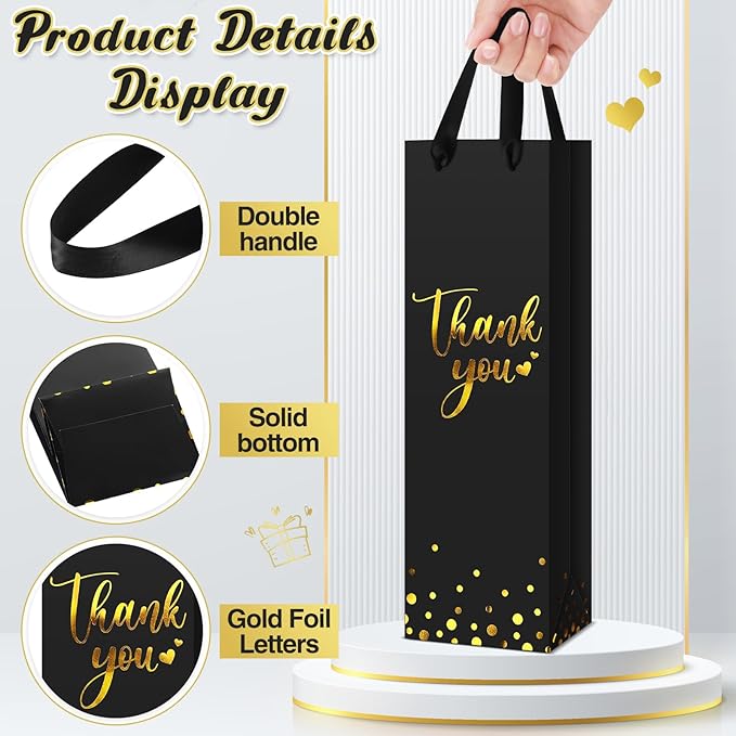 Ctosree 30 Pcs Wine Gift Bag for Wine Bottle Wedding Wine Thank You Gift Bag with Metallic Gold Foil Print Kraft Wine Paper Favor Bag with Attractive Rope Handle for Graduation Bottle(Black)