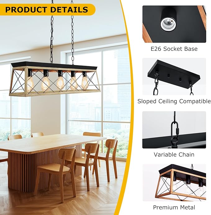 Dining Room Light Fixture/Chandelier Over Table, 5-Light Kitchen Island Lighting Hanging for Farmhouse Linear Chandeliers Matte Black Rustic Wood Pendant Ceiling Light Fixtures