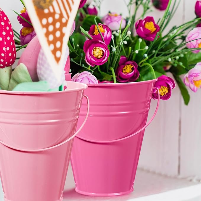 Sadnyy 12 Pack Metal Buckets with Handle, Galvanized Bucket 4.5 x 5 Inch Basket Bucket for Kids, Kids Party Supplies, Crafts for Christmas Halloween Christmas Candy Bars Vase Crafts(Pink)