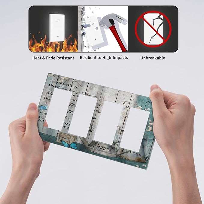 Vintage Teal Butterfly Inspirational Quotes Wood Plank 4 Gang Rocker Decora Light Switch Cover Outlet Covers Wall Plate Decorative Switchplate Electrical Faceplate GFCI for Farmhouse Bedroom Decor