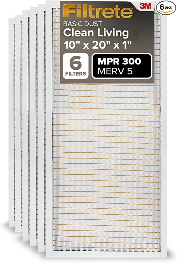 Filtrete 10x20x1 Air Filter, MPR 300, MERV 5, Clean Living Basic Dust 3-Month Pleated 1-Inch Air Filters, 6 Filters