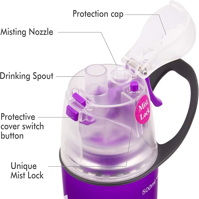 Misting Water Bottle, Spray Mist Sports Bottle for Outdoor Sport Hydration and Cooling Down, BPA-Free Misting Water Bottle with Unique Mist Lock Design (Purple-14oz)