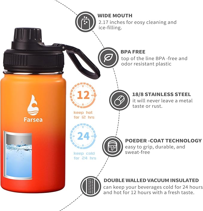 Farsea Insulated Water Bottle With Paracord Handle, Protective Silicone Boot and 2 Lids (Straw Lid & Spout Lid), Stainless Steel Water Bottle Wide Mouth, Double Wall Sweat-Proof BPA-Free,12 oz
