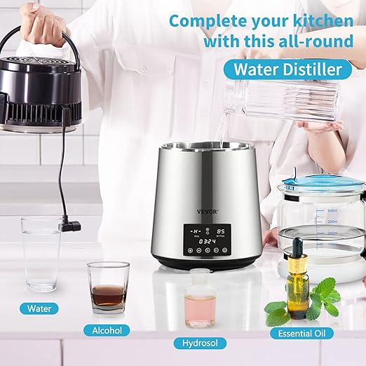 VEVOR Water Distiller, 304 Stainless Steel Countertop Water Stiller, 0.3Gal/H, 0-99H Timing Dual Temp Display, 1.1Gal Distilled Water Maker Machine, Glass Carafe, 3 Carbon Bags, Citric Acid Powder