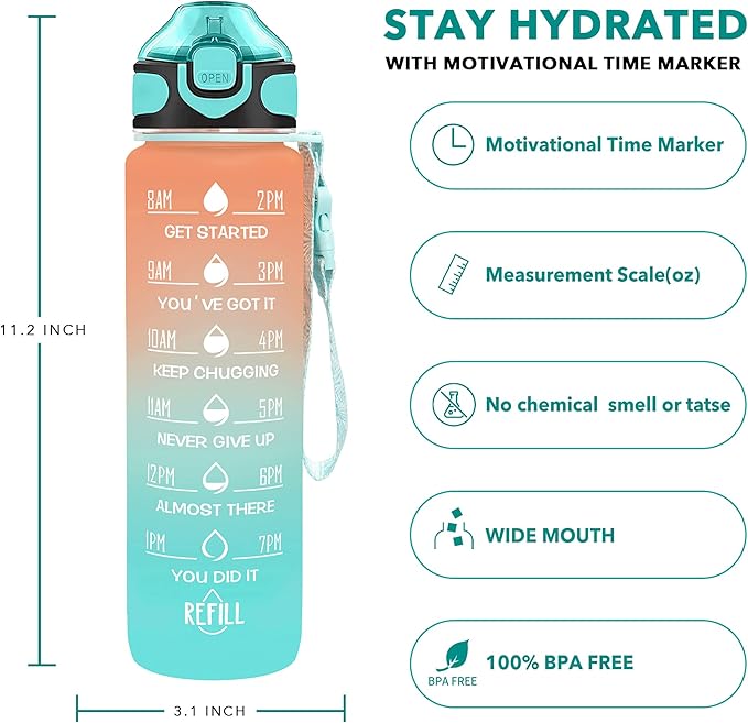 Enerbone 32 oz Drinking Water Bottle with Times to Drink and Straw, Motivational with Carrying Strap, Leakproof BPA & Toxic Free, Ensure You Drink Enough Water for Fitness Gym Outdoor