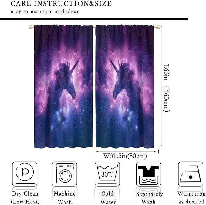 Unicorn Curtains Children's Cartoon Starry Sky Theme Unicorn Pattern Curtains Star Galaxy Boys Girls Room Blackout Curtains 63x63 Inch 2 Panels