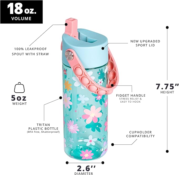 Elemental Leak Proof Water Bottles for Kids - Splash Kids Water Bottle for School with Fun Fidget Pop-it Handle - Tritan Plastic Water Bottle with Straw - Stylish Cat & Spring Blossom - 18oz (2 Pack)