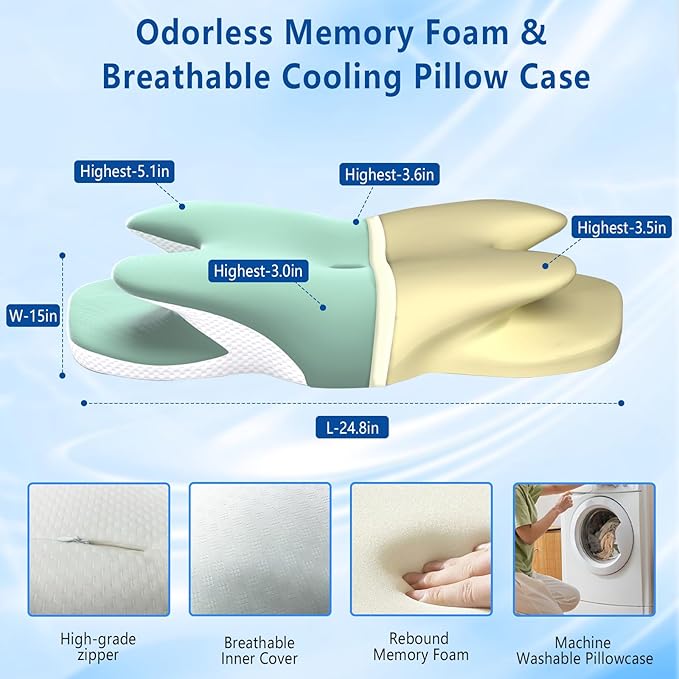 Cervical Pillow for Neck Back Pain Relief Memory Foam Contour Pillow Ergonomic Orthopedic Neck Pillow for Sleeping Cervical Support Pillow for Back Side Stomach Sleeper Cooling Pillowcase (Green)