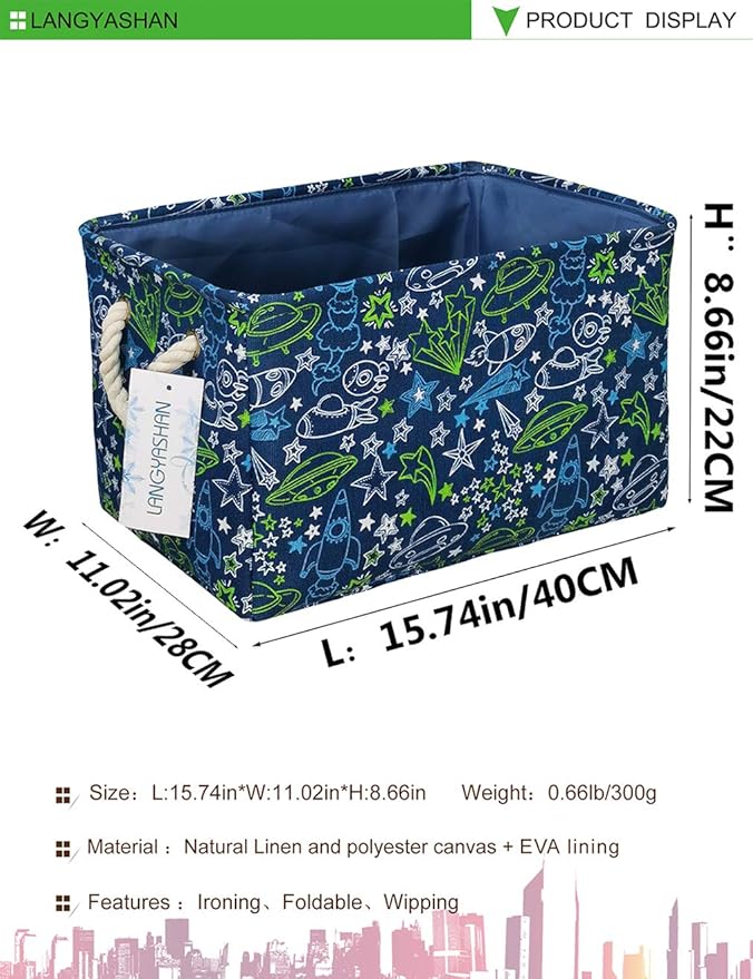 LANGYASHAN Rectangular Storage Bin Collapse Canvas Fabric Cartoon Storage Basket with Handles for Organizing Home Kitchen Boys and Girls Toys Office Closet Shelf Baskets (Full Spaceship)