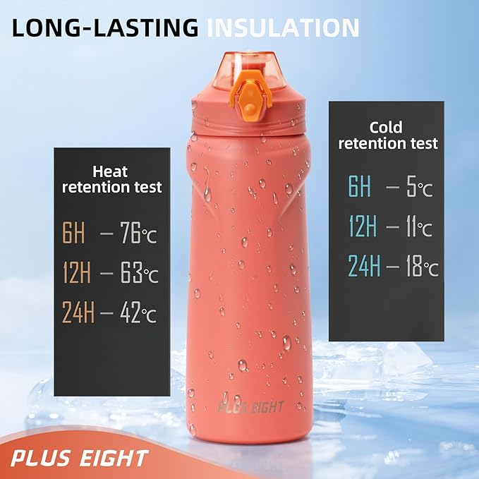 Sports Water Bottle, 25 oz Insulated Water Bottle With Straw, Stainless Steel Water Bottle Wide Mouth for Sports, Gym or Office, BPA-Free Keep Cold 24H Hot 12H (Orange)