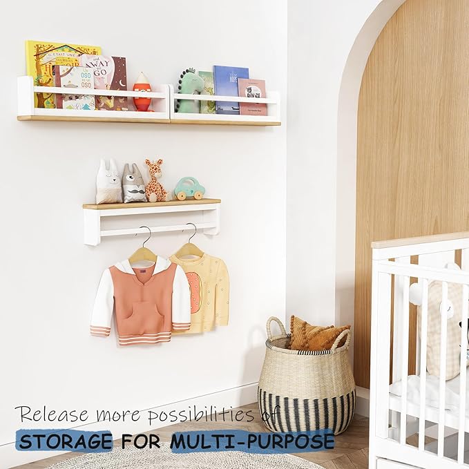 Nursery Wall Bookshelf for Kids Room Set of 3, 24 Inch Floating Book Shelves for Baby Boys Girls Bedroom, Large Wood Mounted Hanging Bookshelves for Toddlers Childs (White and Natural)