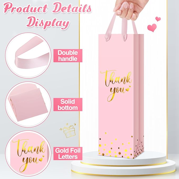 Ctosree 30 Pcs Wine Gift Bag for Wine Bottle Wedding Wine Thank You Gift Bag with Metallic Gold Foil Print Kraft Wine Paper Favor Bag with Attractive Rope Handle for Graduation Bottle(Pink)