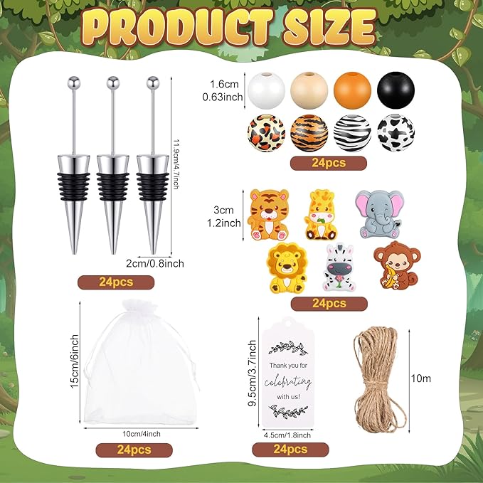 Gisafai 24 Sets Beadable Wine Stoppers for Wine Bottles Bulk Reusable Wine Saver Corks Jungle Animals Silicone Beads with Bags Labels Ropes for Baby Shower Gifts DIY Safari Wedding Party Bar Summer