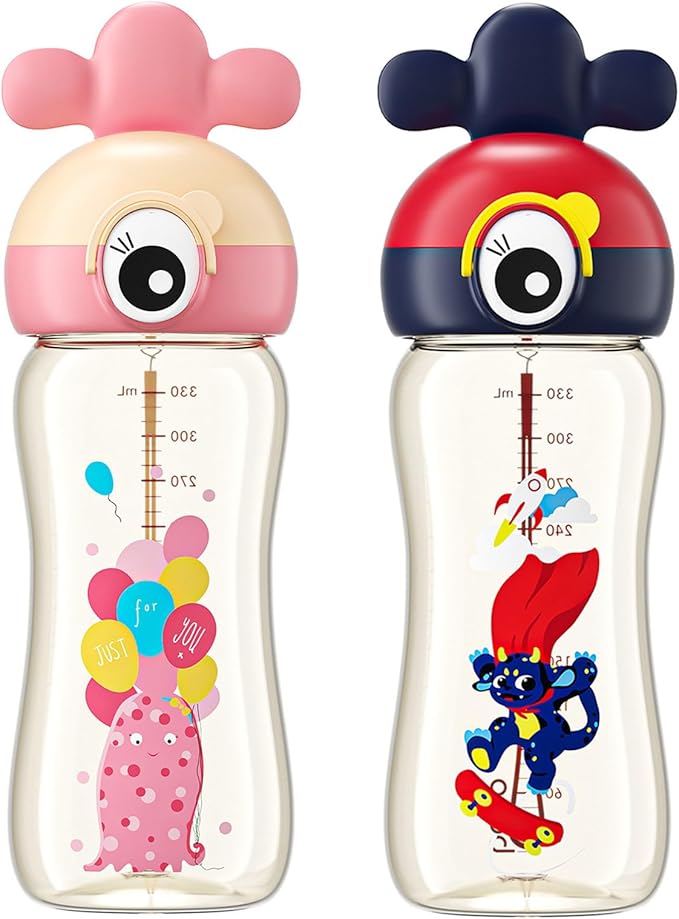 Kids Water Bottle for School or Travel, 11oz Reusable Kids School Water Bottle, Leak-Proof Portable Water Bottle for Girls & Boys, BPA-free (Red+Yellow, 2 Pack)