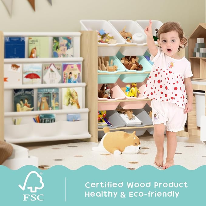 Kids Toy Storage Organizer - Toy Organizer with Kids Bookshelf, Toy Storage with 12 Toy Multi-color Bins and 4 Book Shelves, Toy Organizers and Storage for Playroom, Nursery, Kids Room, Burlywood