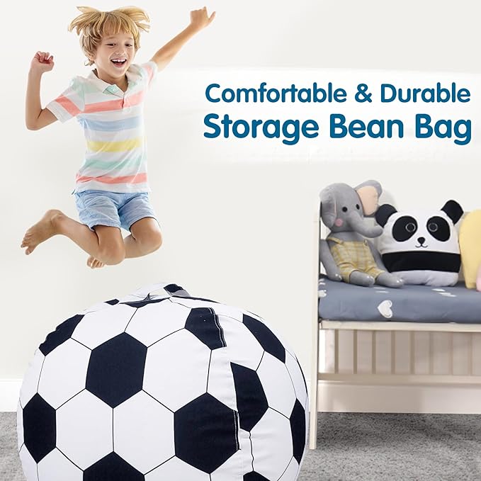 Lukeight Stuffed Animal Storage Bean Bag Chair Cover for Kids, Soccer Zipper Beanbag Chair Cover for Organizing Toddler and Kids' Rooms Plush Toys (Soccer, Large)