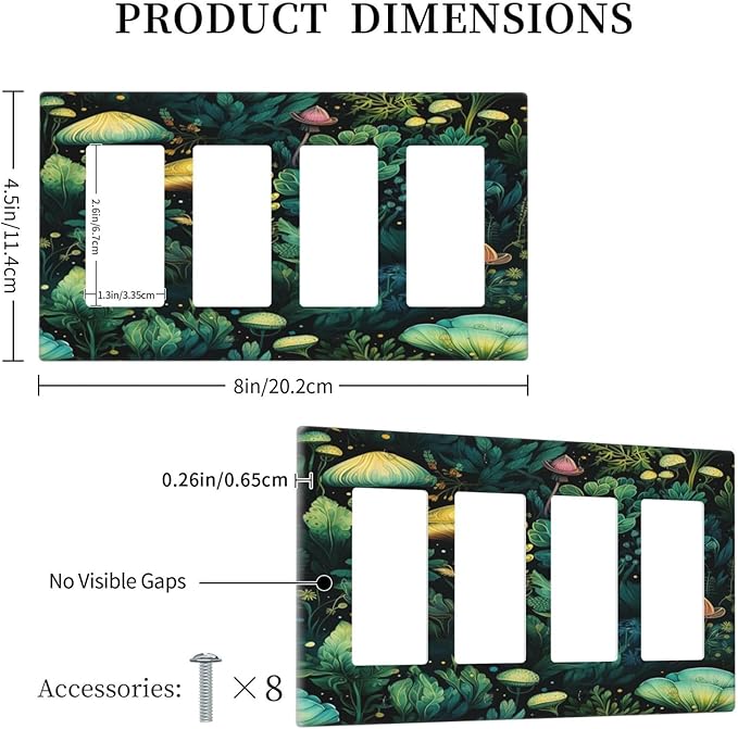 Green Dark Forest Mystical Mushroom 4 Gang Rocker Decora Light Switch Cover Outlet Covers Wall Plate Decorative Switchplate Electrical Faceplate GFCI for Country Bathroom Bedroom Kitchen Decor