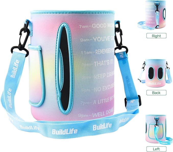 QuiFit 1 Gallon Water Bottle - with Straw & Motivational Time Marker Leak-Proof BPA Free Reusable Gym Sports Outdoor Large(128OZ) Capacity Water Jug(Purple/Blue with Sleeve,1 Gallon)