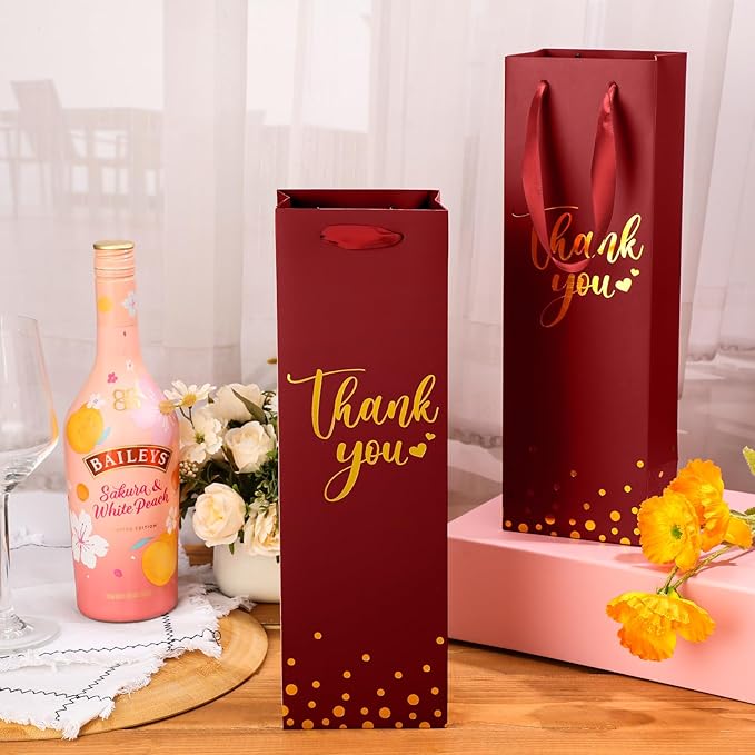 Ctosree 30 Pcs Wine Gift Bag for Wine Bottle Wedding Wine Thank You Gift Bag with Metallic Gold Foil Print Kraft Wine Paper Favor Bag with Attractive Rope Handle for Graduation Bottle(Burgundy)