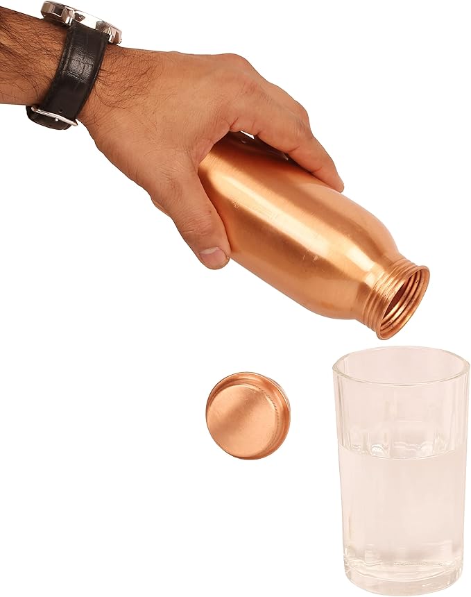 Pure Copper Water Bottle - Handcrafted - Ayurveda health benefits - Large 17.50 oz - Leak proof - Easy to carry for Sports, Fitness, Yoga, School - Natural Copper Finish