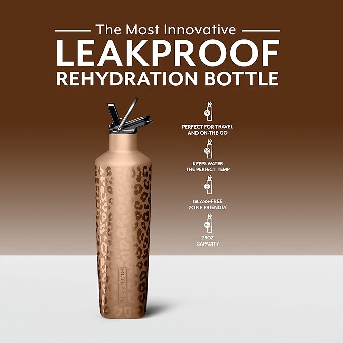 BrüMate ReHydration - 100% Leakproof 25oz Insulated Water Bottle with Straw - Stainless Steel Water Canteen (Rose Gold Leopard)