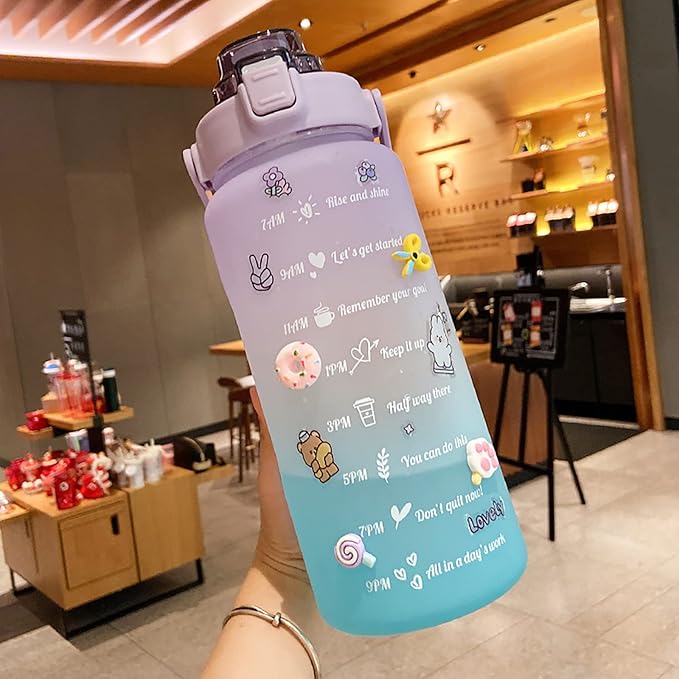 Motivational BPA Free Water Jug with Handle 2L Large Capacity Matte Water Bottle Kettle with Time Marker Straw for Sports Fitness