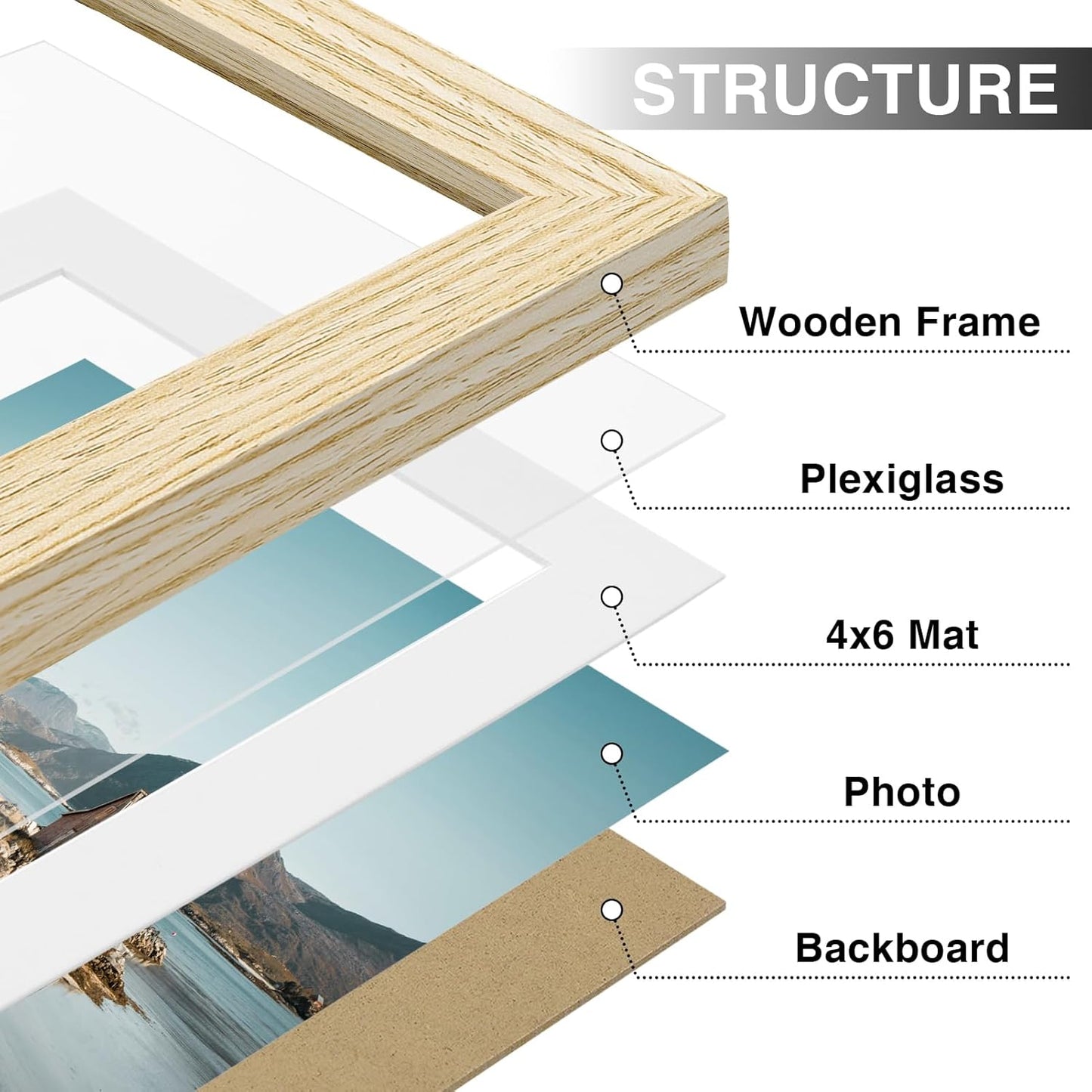 Vittanly 5x7 Picture Frames Set of 9, Shatter Resistant Plexiglass, Display 4x6 Pictures with Mat or 5x7 without Mat, Photo Frames for Wall or Tabletop, Engineered Wood, OAK
