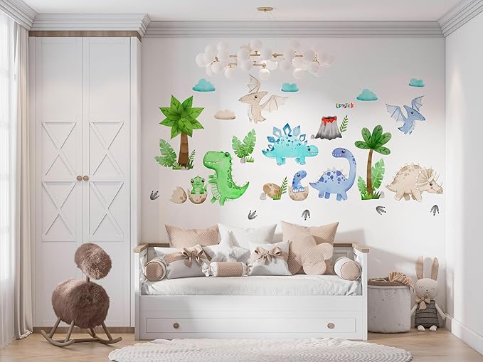 Large Dinosaur Wall Decals by Lipastick - 110 pcs Watercolour Dinosaur Kids Wall Stickers - Dinosaur Footprints Silhouettes Decals for Walls – Peel and Stick Decal for Kids Bedroom Nursery L Size