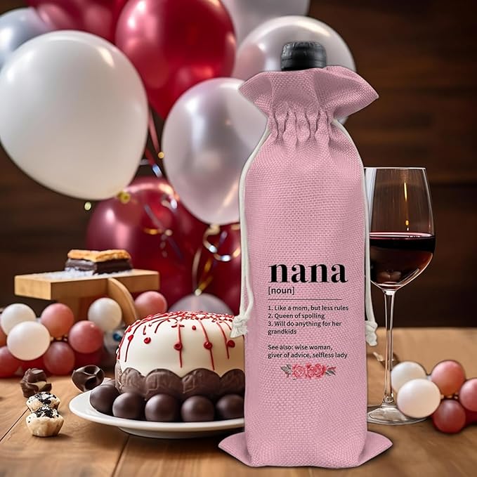 HOIJAUMAI Nana Gift From Grandson Granddaughter, Nana Gifts for Grandma Birthday Mother's Day, Grandma Wine Bag Nana Definition Wine Gift Bags (Pink)