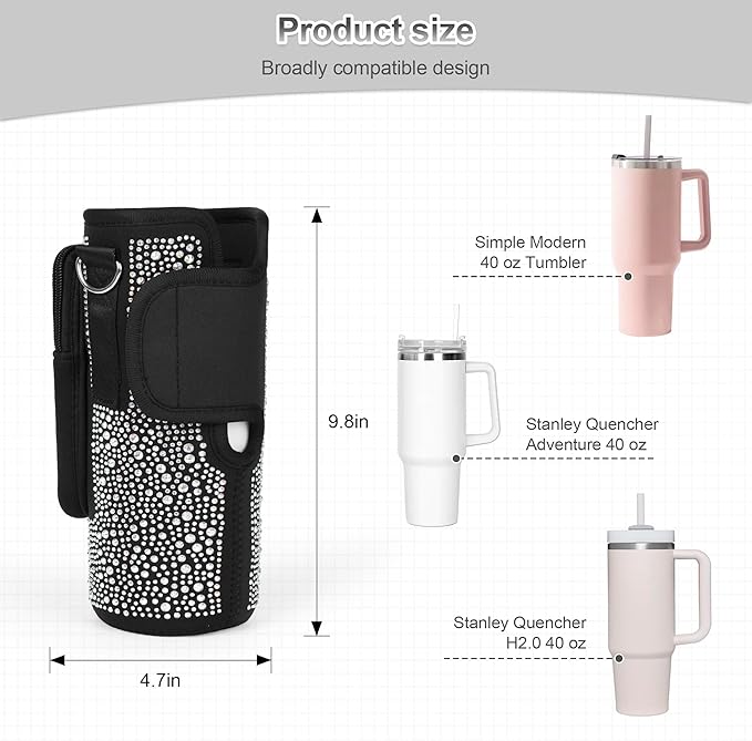 Bling Diamond Water Bottle Carrier Bag with Phone Pocket for Stanley 40/30 oz Tumbler with Card Holder,Neoprene Water Bottle Holder Pouch with Adjustable Strap for Stanley Cup Accessories