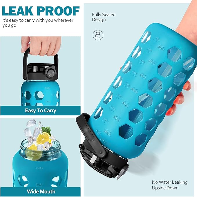 MUKOKO Half Gallon/64 oz Glass Water Bottles with Straw and Lid,Motivational Water Jug with Time Marker Reminder and Silicone Sleeve,100% Leakproof BPA Free Fitness Sports Large Bottle-Teal
