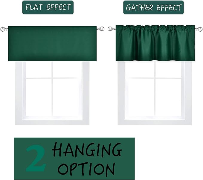 Deep Green Valance for Windows 60x18 Inch Solid Thermal Insulated Blackout Rod Pocket Kitchen Short Curtain Toppers Valance for Bathroom Living Room 1 Panel