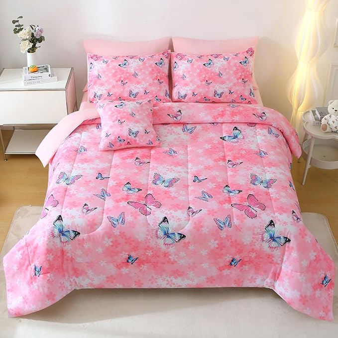 JQinHome 8 Piece Butterfly Comforter Set Full, 3D Pink Flower Printed Butterfly Bedding Set,All Season Microfiber Butterfly Theme Home Decor Bedding for Girls with Sheet Sets(Pink)