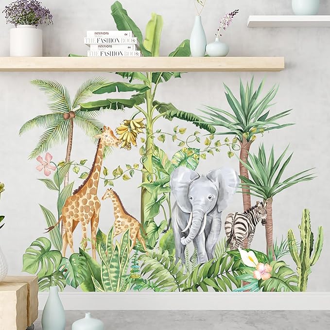 Large Jungle Animals Wall Decals Nordic Plant Wall Sticker Elephant Giraffe Zebra Wall Stickers for Baby Nursery Kids Room Playroom Wall Decor