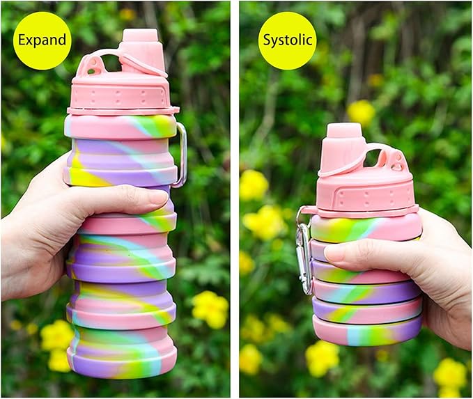 Collapsible Water Bottles Two Pack Travel Sports Portable Sport Water Bottle comes with mountaineering Buckle 500ml silicone Water-proof camping water bottle (Pink camouflage+Pink camouflage)