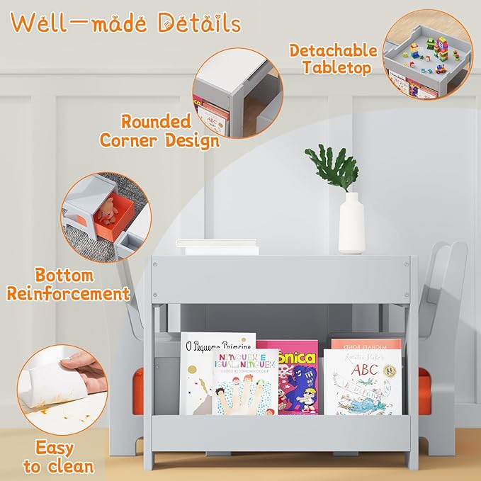 Kids Table and Chair Set, 4 in 1 Wooden Activity Table & 2 Chairs with Storage Drawer Detachable Tabletop for Toddlers Kids Drawing, Reading, Crafts, Art,Homework, Nursery, Playroom