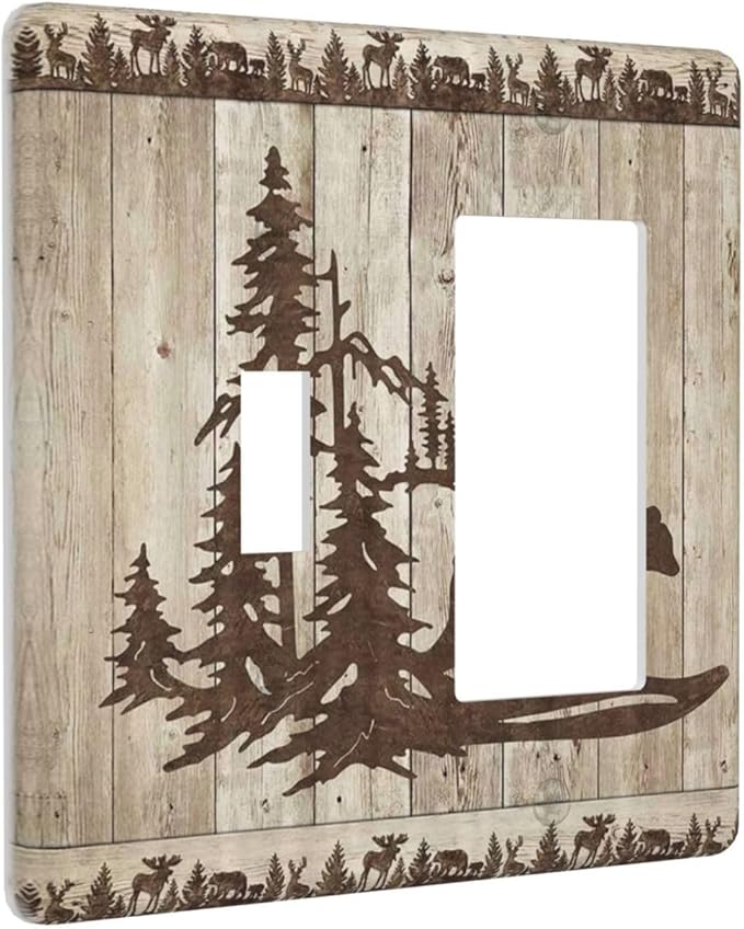Rustic Wood Bear Forest 2 Gang Single Toggle Rocker Combination Light Switch Cover Vintage Antique Cabin Decorative Wall Plate Cover Electrical Faceplate for Farmhouse Bathroom Bedroom Kitchen Decor