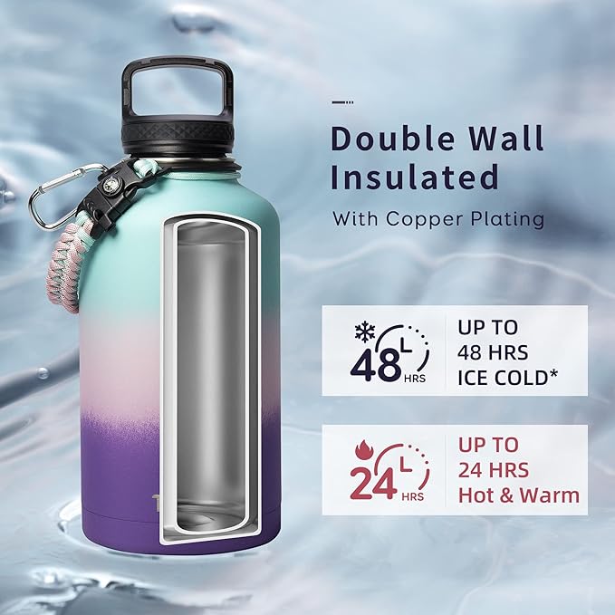 Trebo Water Bottle 64oz with Paracord Handle, Half Gallon Food-grade Double Wall Vacuum Stainless Steel Insulated Jug with Straw Spout Handle Lids, Leakproof Keep Cold & Hot Ombre:Hydrangea