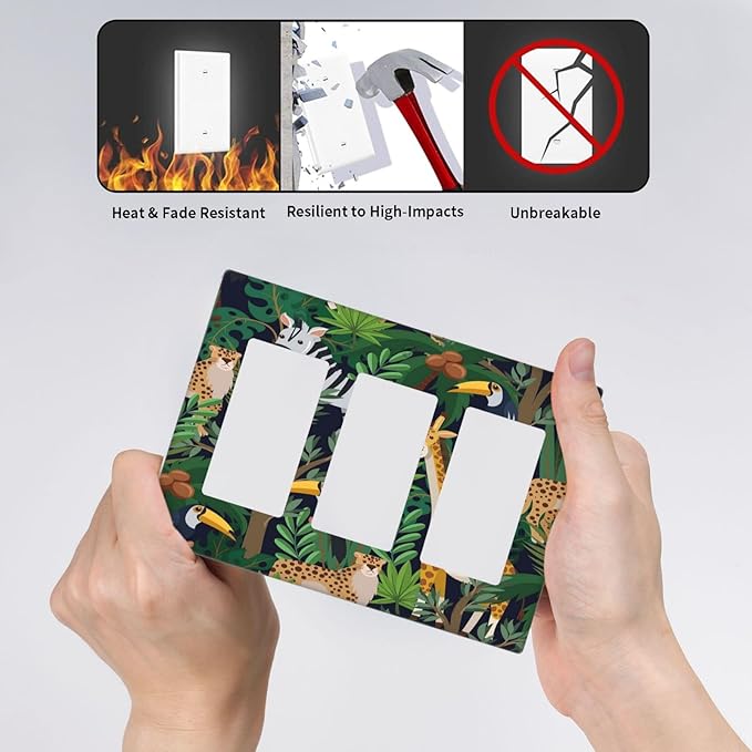 Cartoon Animal Zebra Leopard Giraffe Bird Leaf 3 Gang Rocker Nursery Light Switch Covers Decorative Triple Outlet Wall Plate Cover Faceplate Decorative Switchplate GFCI for Kidroom Decor