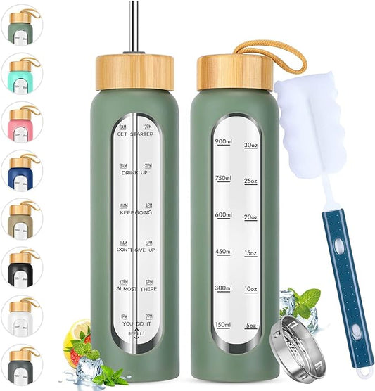 32 oz Glass Water Bottles with Straw - Motivational Bottle with Time Marker & Silicone Sleeve - Reusable Tumbler Includes 2 Bamboo Lids & Fruit Infuser - 1 Pack