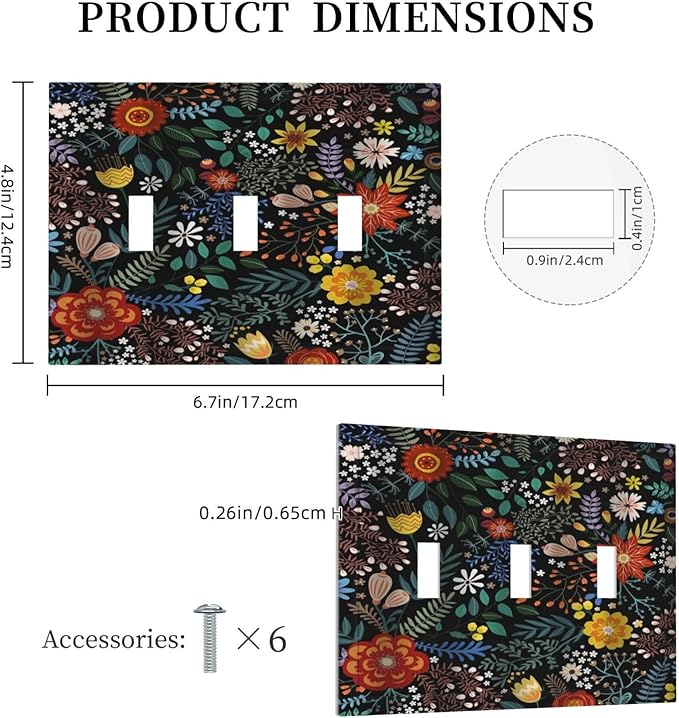 Vintage Colorful Flower Boho Floral Rustic Dark Leaves 3 Gang Light Switch Covers Triple Toggle Wall Plate Decorative Switchplate Electrical Faceplate for Farmhouse Country Bedroom Decor